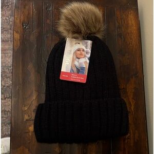 Black Cable Knit with Faux Fur Pom Hat